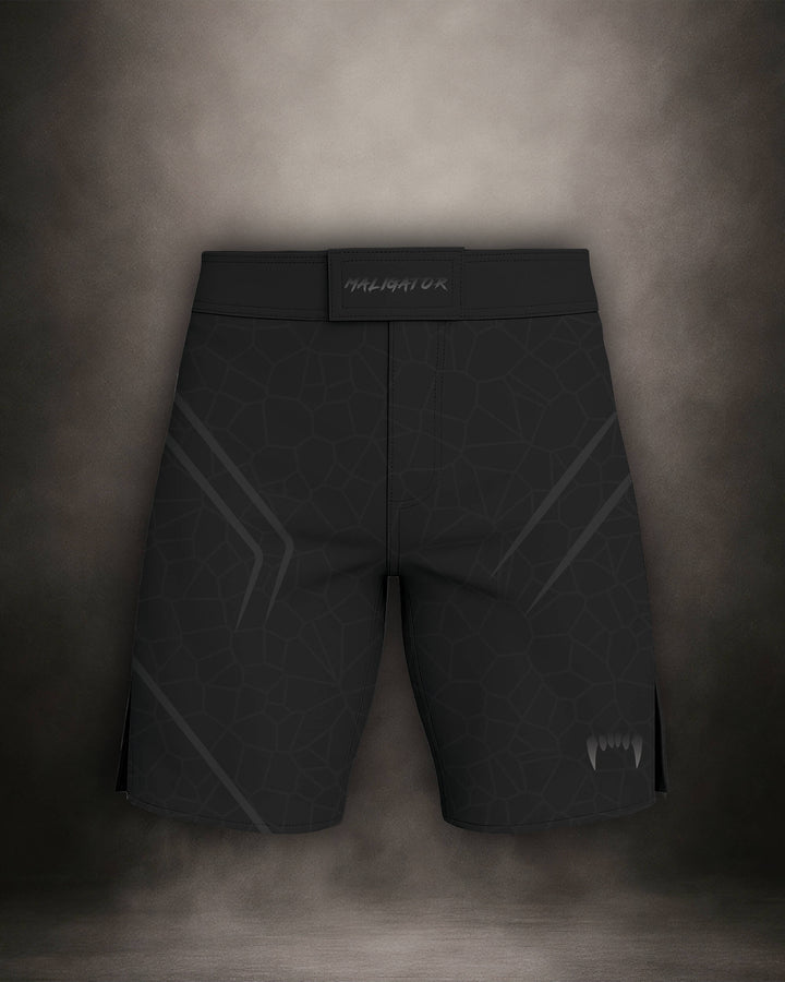 Maligator Noirium Vantablack MMA shorts – front view, lightweight fightwear for no-gi grappling and cage training