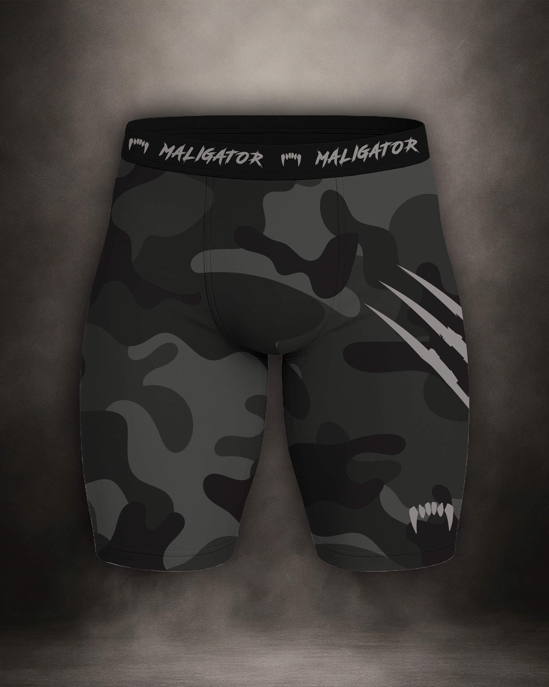 Maligator Forlorn Division Subutai compression shorts – front view, tight-fit grappling shorts for no-gi BJJ and MMA training
