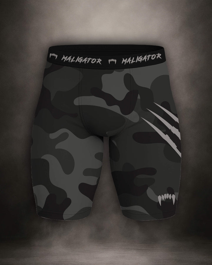 Maligator Forlorn Division Subutai compression shorts – front view, tight-fit grappling shorts for no-gi BJJ and MMA training