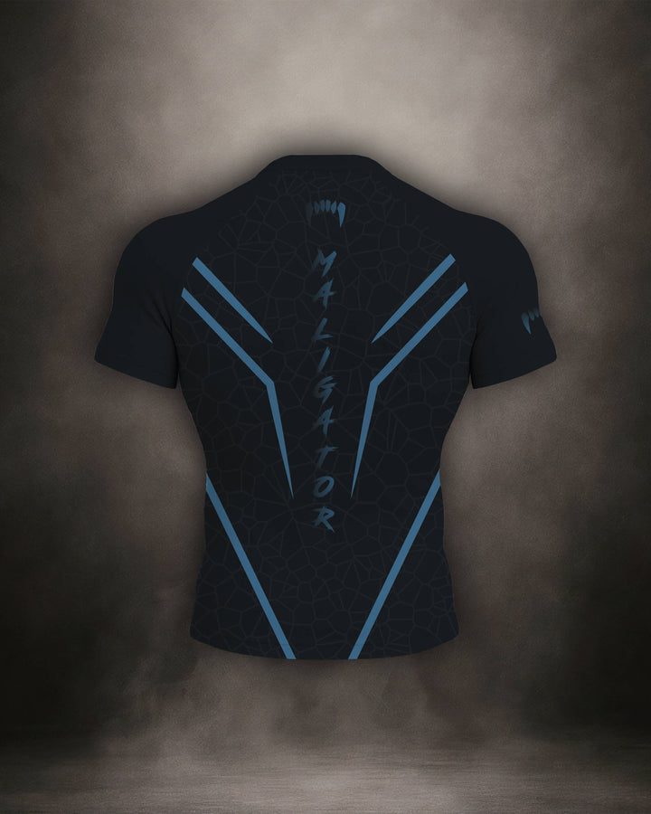 Maligator Noirium Cyro rash guard – back view, short sleeve BJJ training gear for rolling, striking, and movement

