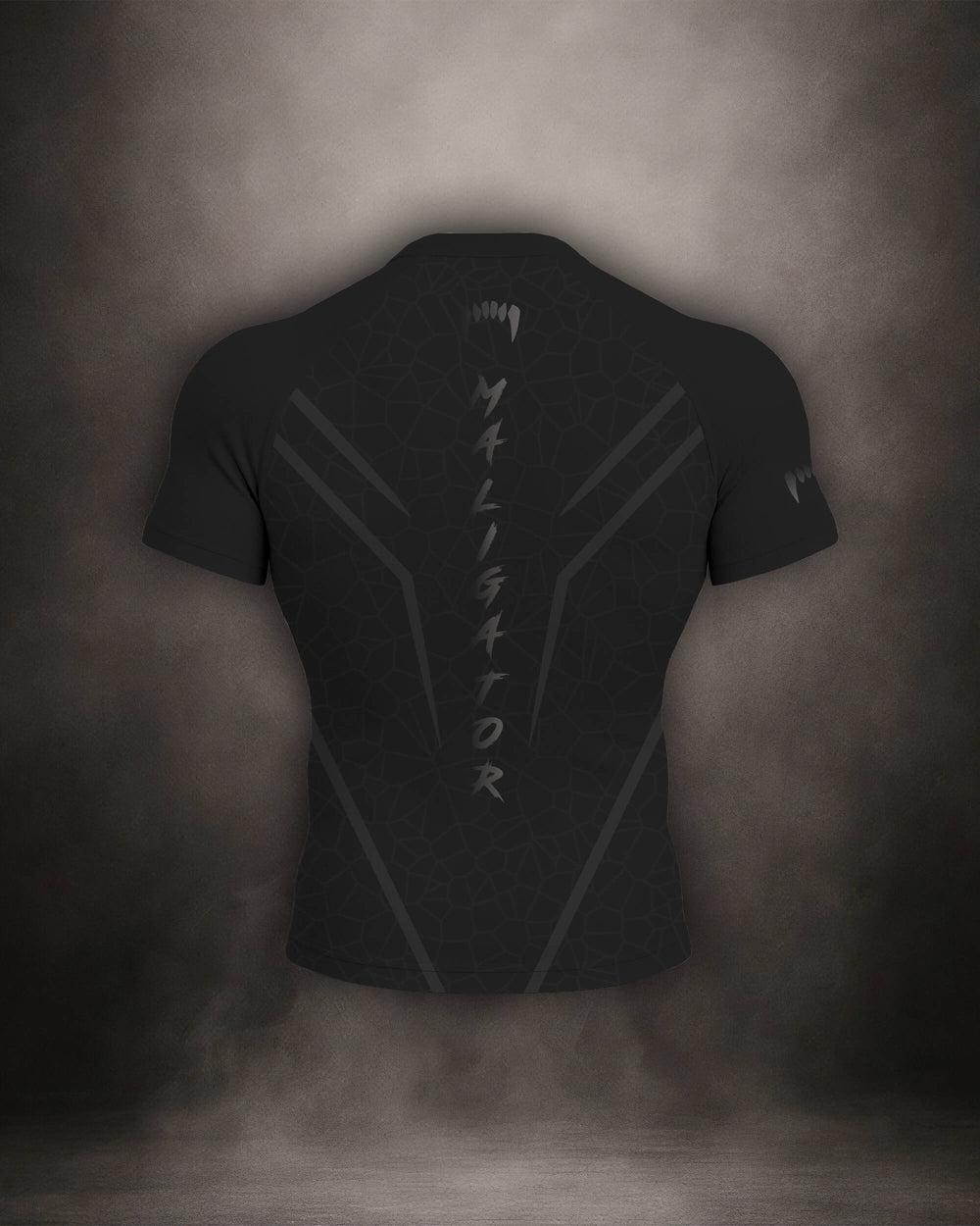 Maligator Noirium Vantablack rash guard – back view, short sleeve BJJ training gear for rolling, striking, and movement

