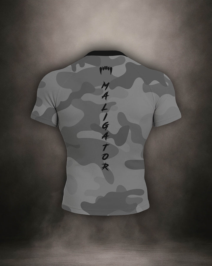 Maligator Forlorn Division Belisarius rash guard – back view, short sleeve BJJ training gear for rolling, striking, and movement