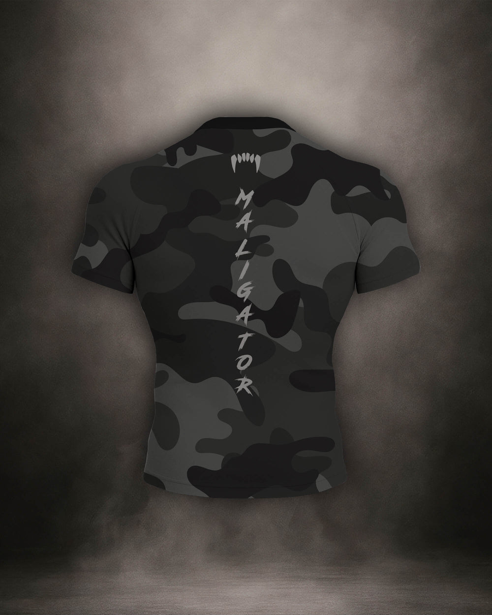 Maligator Forlorn Division Subutai rash guard – back view, short sleeve BJJ training gear for rolling, striking, and movement
