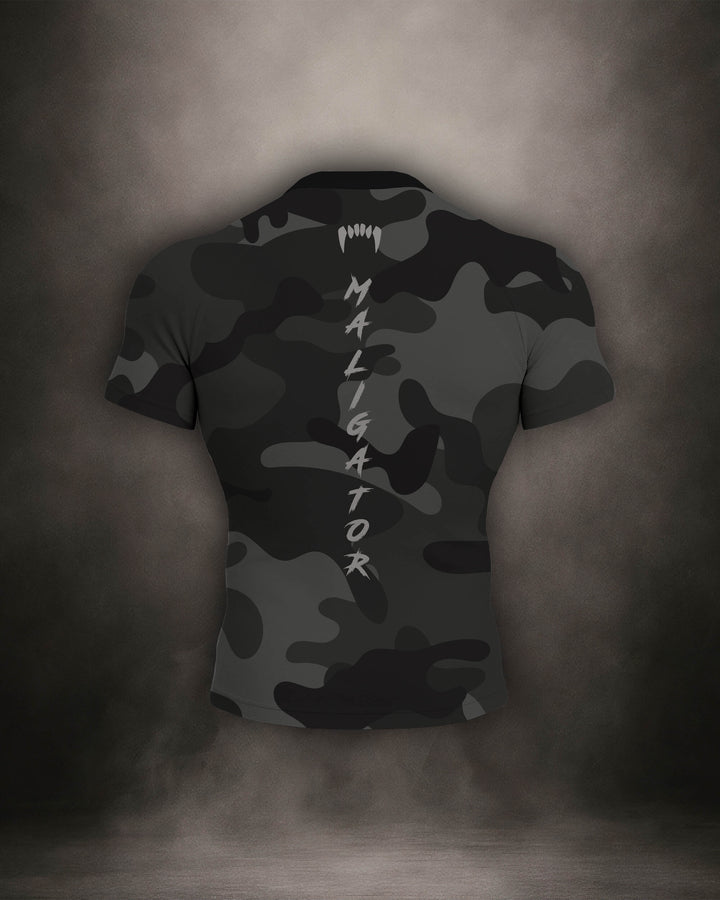 Maligator Forlorn Division Subutai rash guard – back view, short sleeve BJJ training gear for rolling, striking, and movement