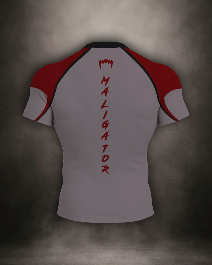 Maligator Savage X81 Erythros rash guard – back view, short sleeve BJJ training gear for rolling, striking, and movement

