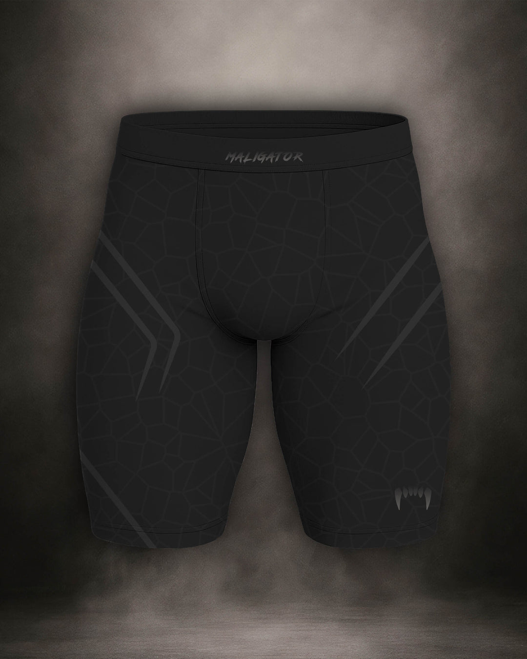 Maligator Noirium Vantablack compression shorts – front view, tight-fit grappling shorts for no-gi BJJ and MMA training