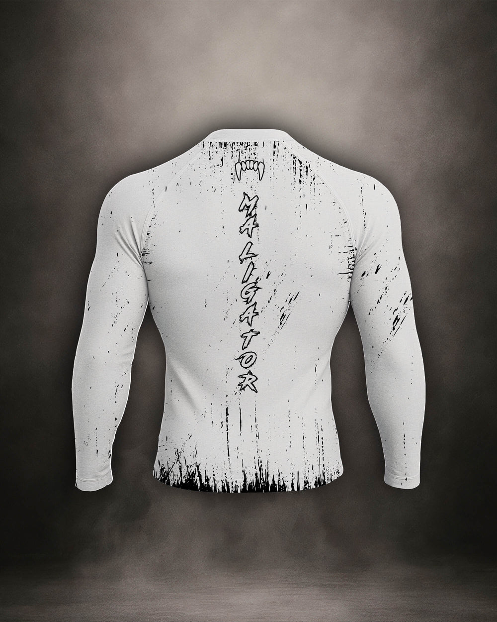 Maligator Primal Polar rash guard – back view, long sleeve grappling wear built for no-gi rolls and cage sessions