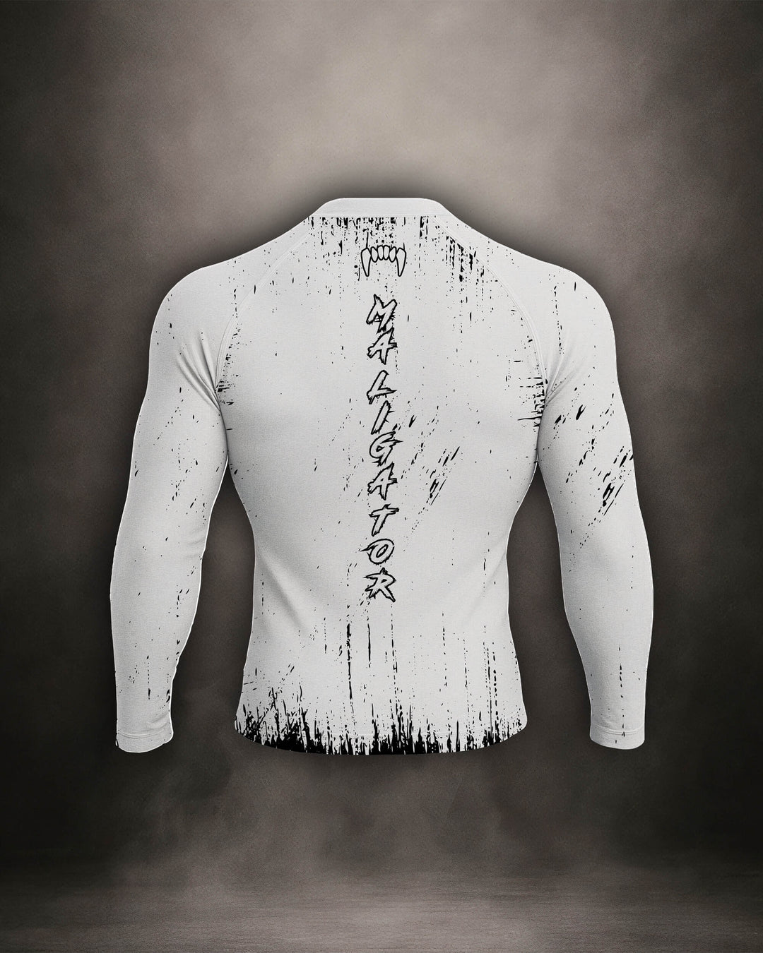 Maligator Primal Polar rash guard – back view, long sleeve grappling wear built for no-gi rolls and cage sessions