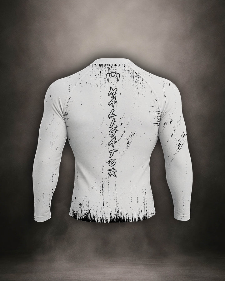 Maligator Primal Polar rash guard – back view, long sleeve grappling wear built for no-gi rolls and cage sessions