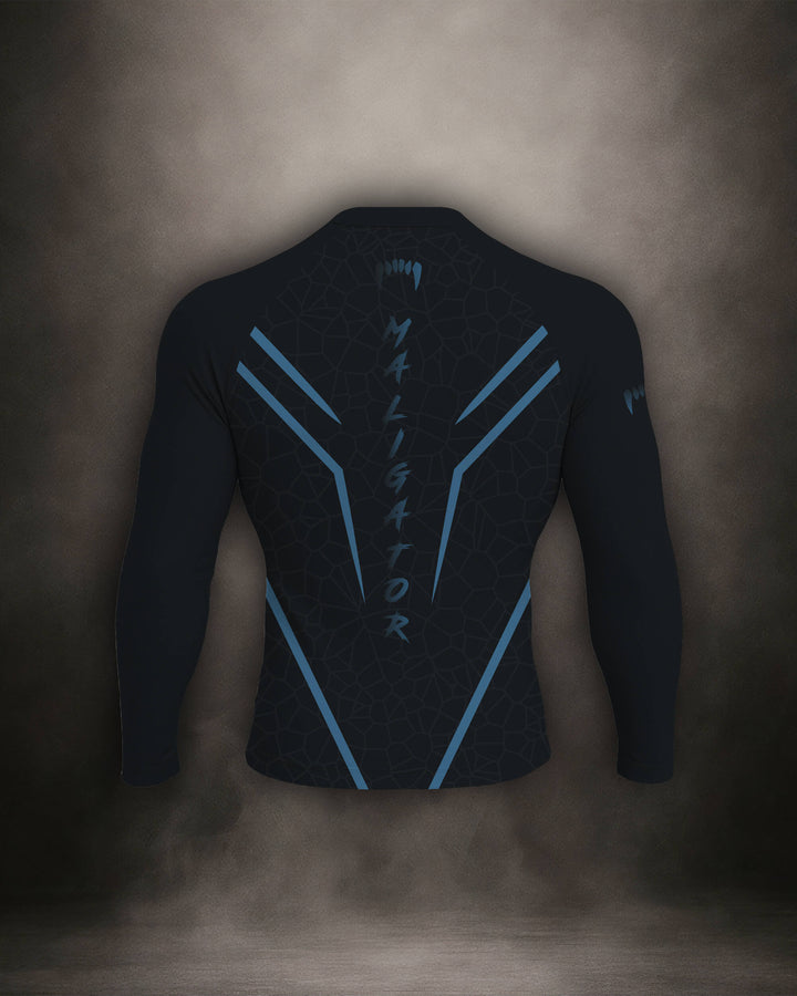Maligator Noirium Cyro rash guard – back view, long sleeve grappling wear built for no-gi rolls and cage sessions