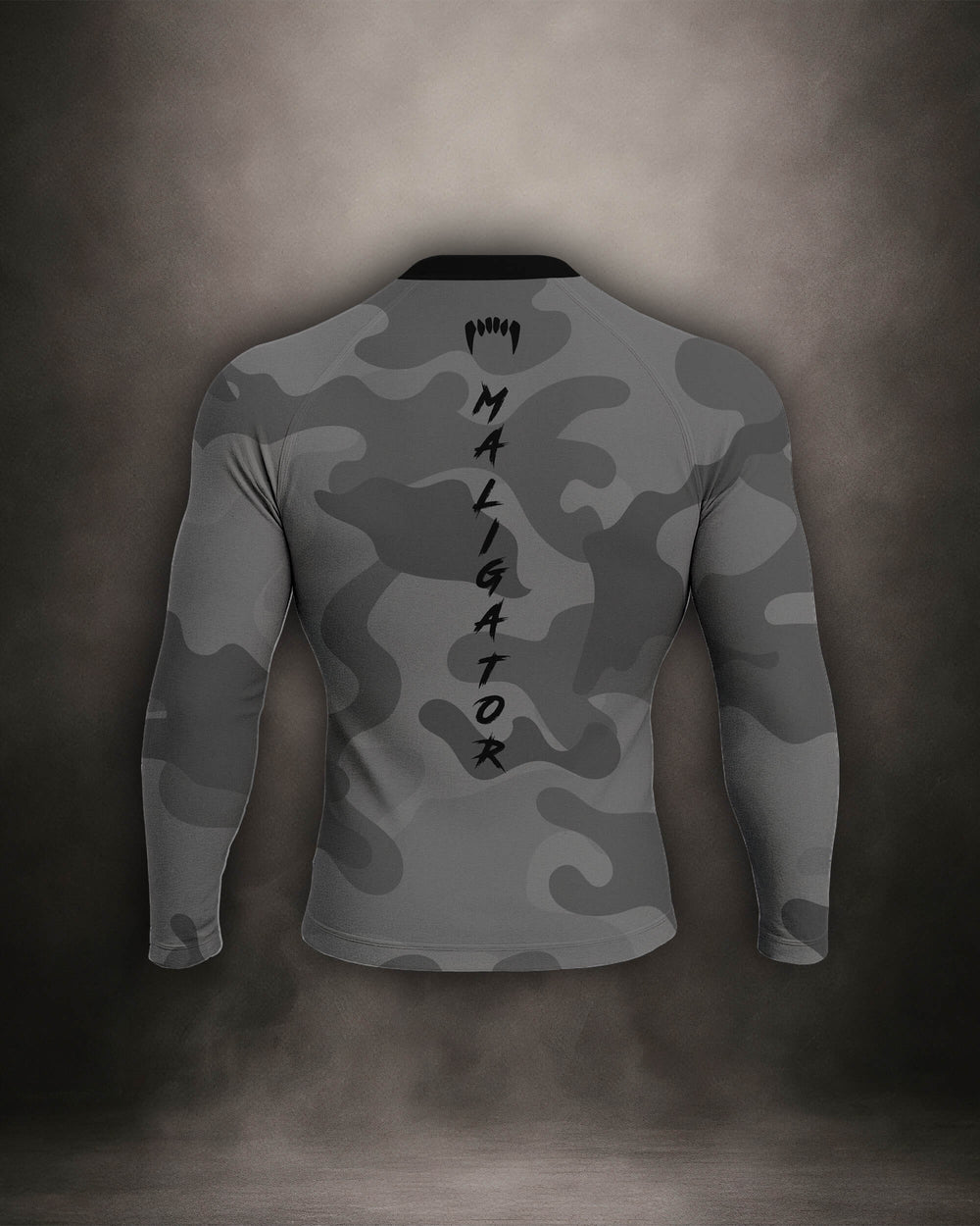 Maligator Forlorn Division Belisarius rash guard – back view, long sleeve grappling wear built for no-gi rolls and cage sessions