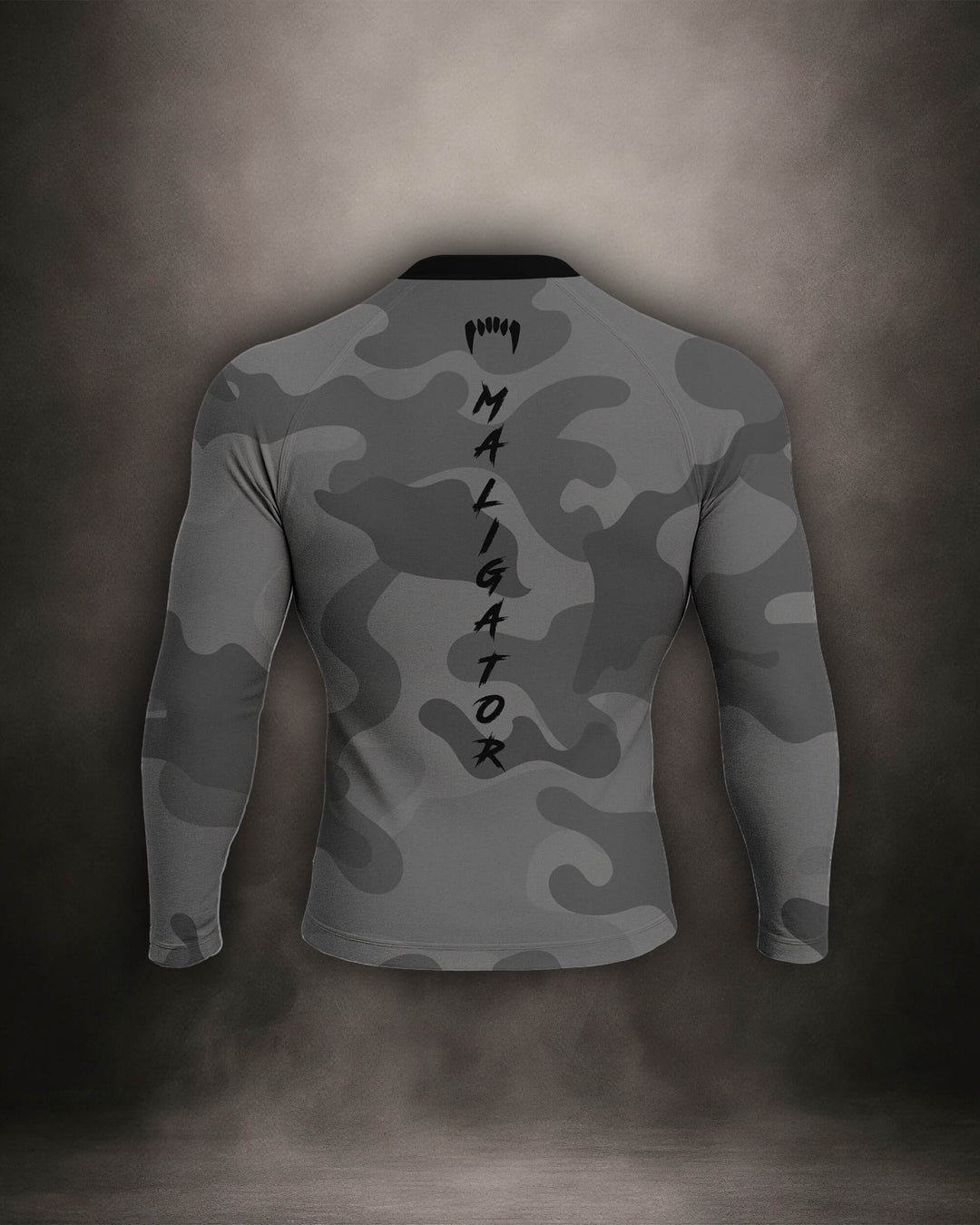 Maligator Forlorn Division Belisarius rash guard – back view, long sleeve grappling wear built for no-gi rolls and cage sessions
