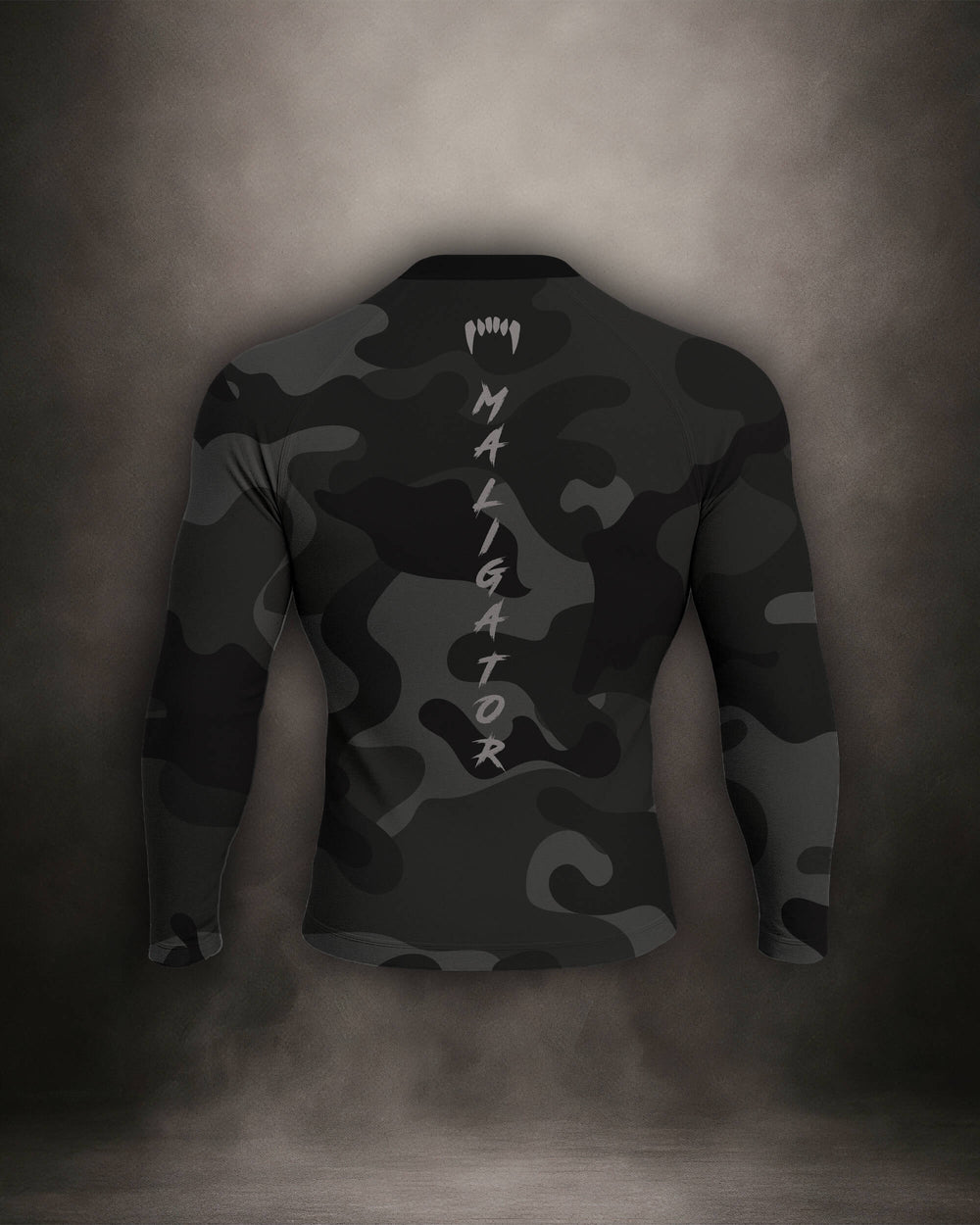 Maligator Forlorn Division Subutai rash guard – back view, long sleeve grappling wear built for no-gi rolls and cage sessions


