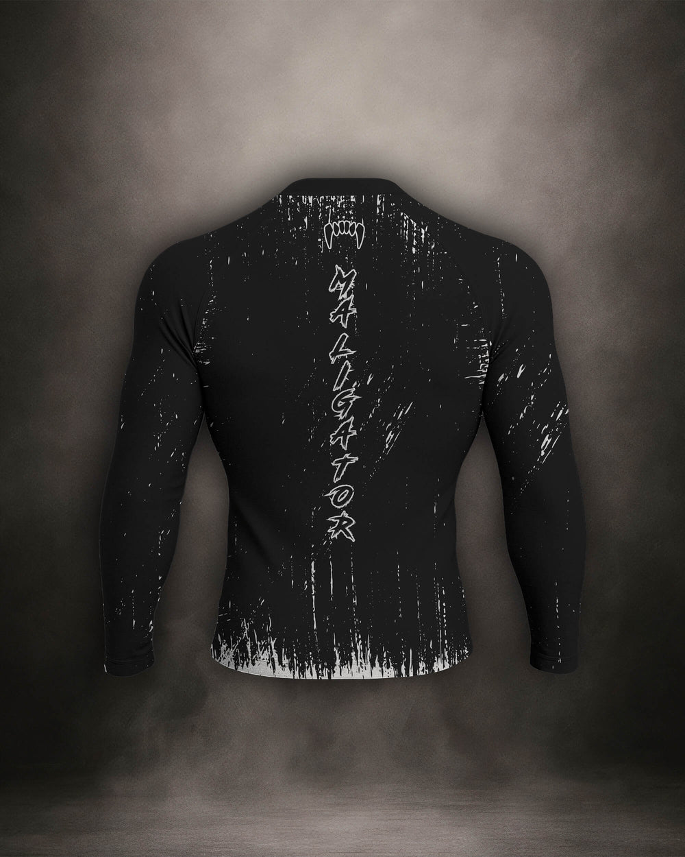 Maligator Primal Raw rash guard – back view, long sleeve grappling wear built for no-gi rolls and cage sessions

