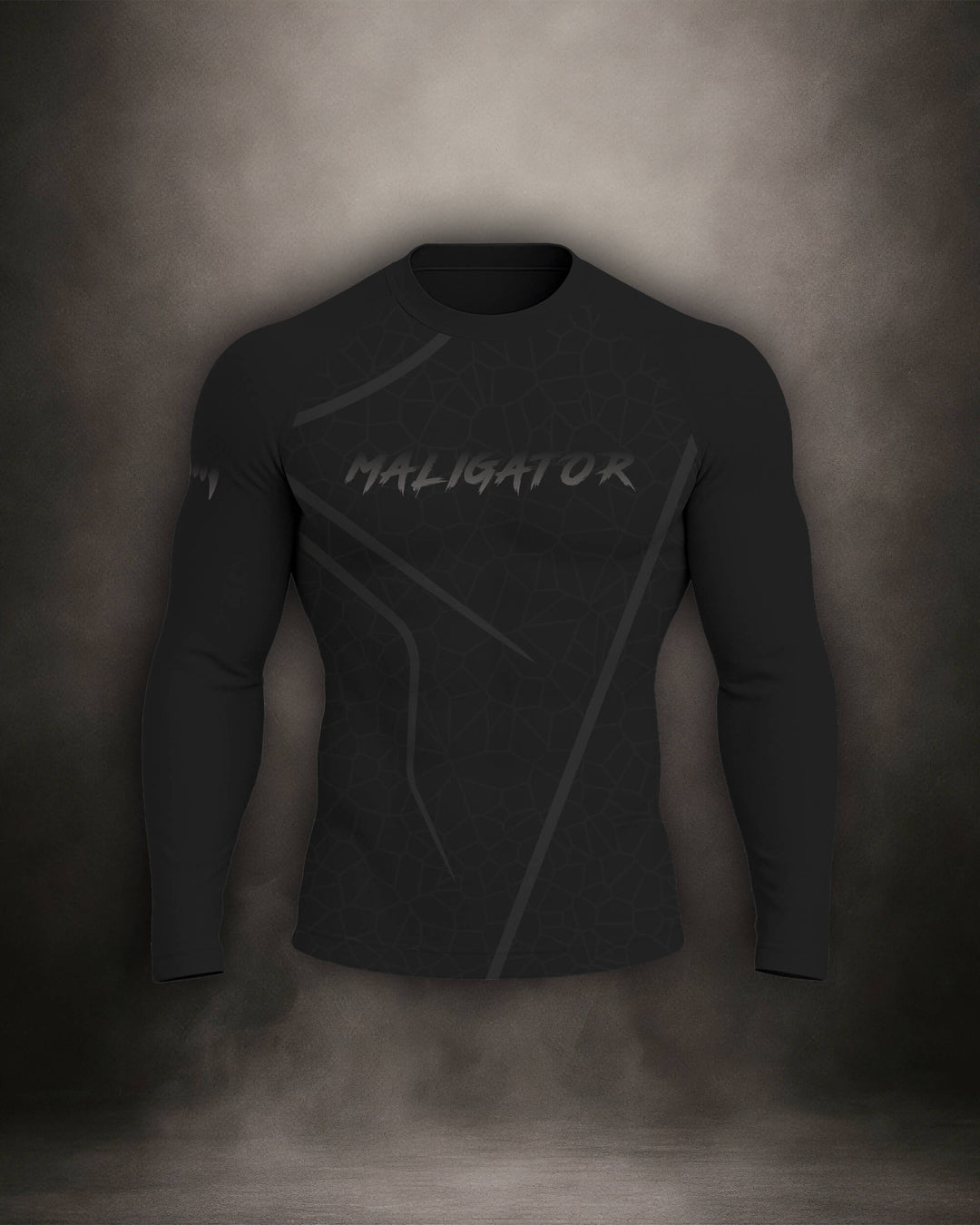Maligator Noirium Vantablack long sleeve rash guard – front view, full-arm compression top for BJJ and MMA training