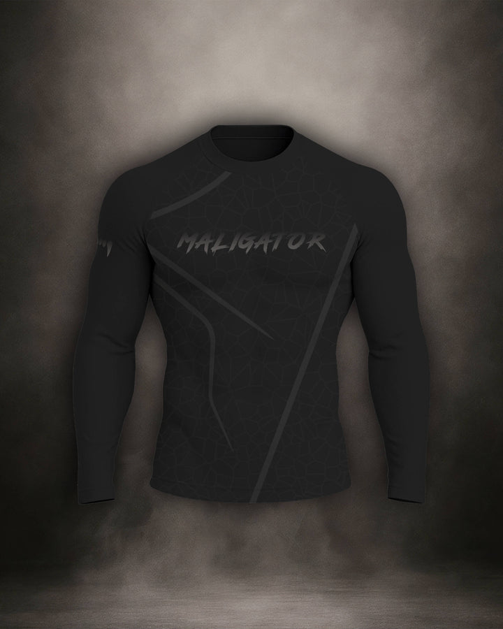 Maligator Noirium Vantablack long sleeve rash guard – front view, full-arm compression top for BJJ and MMA training